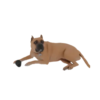 3D model of a tan Pitbull mix dog lying down with a black ball in its paws, looking alert.