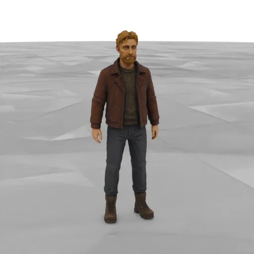 3D model of a man with a beard, wearing a brown jacket, sweater, and jeans, standing in a neutral pose.