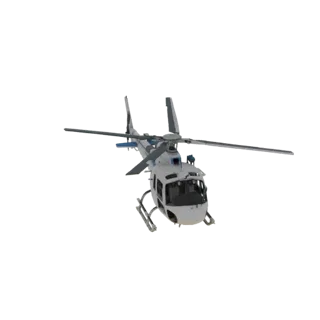 Modelo 3D de um helicóptero Bell 407 branco e azul com os rotores estendidos, visto de um ângulo ligeiramente baixo.