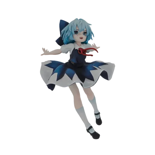 3D-Modell eines Chibi-Anime-Mädchens mit blauen Haaren, trägt ein dunkelblau-weißes Rüschenkleid, in dynamischer Pose.