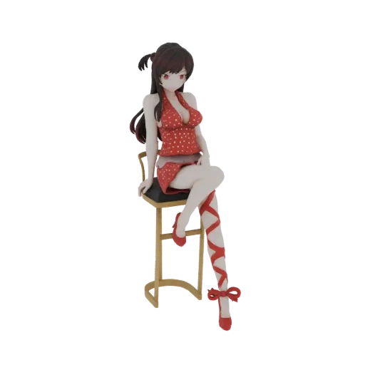 3D model of an anime girl with dark hair and red eyes, wearing a red polka dot dress and sitting on a golden stool, with red