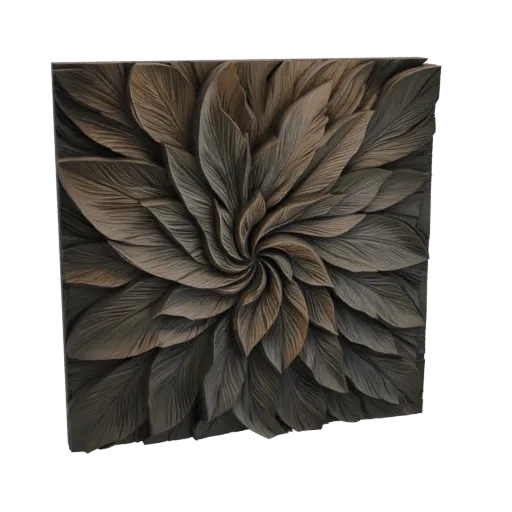 3D model of a square wall art piece with intricately sculpted feathers arranged in a swirling pattern, rendered in earthy bro