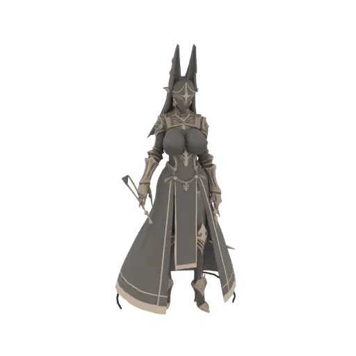 3D model of a fantasy warrior with an Anubis-inspired jackal headdress and ornate armor, standing against a black background.