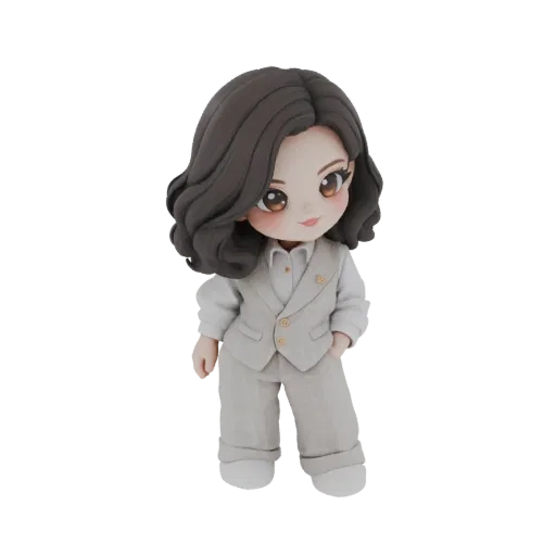 3D model of a chibi businesswoman wearing a light-colored suit, with large eyes and wavy brown hair, standing with hands in p