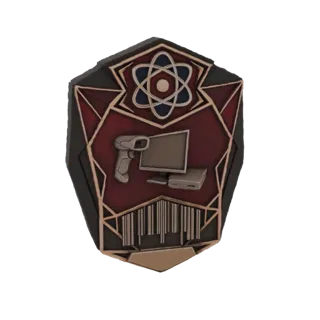 3D model of a science and technology emblem with an atom, computer, scanner, and barcode, set against a dark red background w