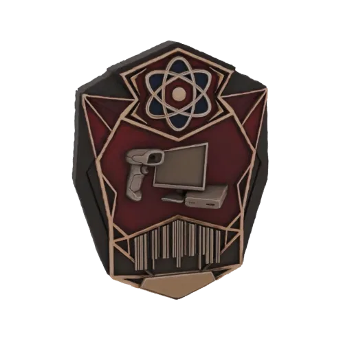 3D model of a science and technology emblem with an atom, computer, scanner, and barcode, set against a dark red background w