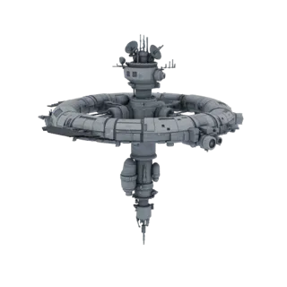 Modelo 3D de una detallada estación espacial orbital modular con una aguja central y un gran hábitat anular, sobre un fondo b