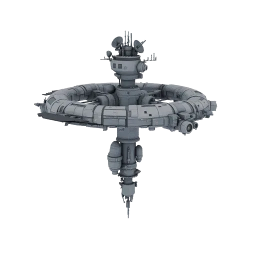 Modelo 3D de uma detalhada estação espacial orbital modular com uma espiral central e um grande habitat em anel, sobre um fun