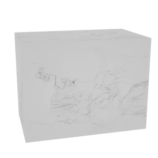 A 3D render of a rectangular block with a detailed, abstract marble-like texture, presented on a black background.