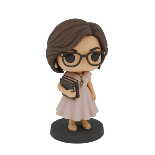 Modelo 3D de figurita de librarian chibi con gafas grandes, vestido rosa y sosteniendo una pila de libros, sobre una base cir