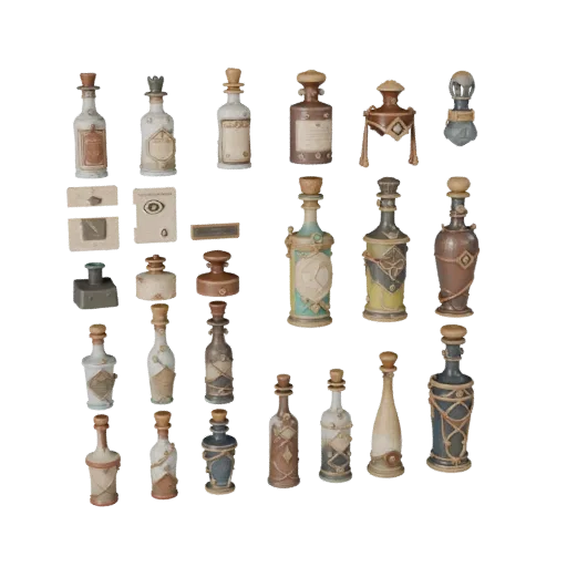Fantasy Bottle Group 3D model, three-quarter front view, Unreal Engine viewport, showing paper-like cards, form detail.