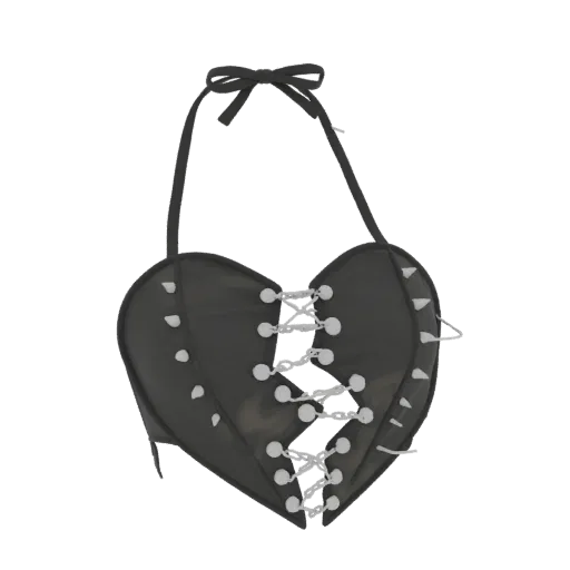 3D model of a black gothic heart corset top with silver chain lacing and spikes, featuring a halter neck tie.