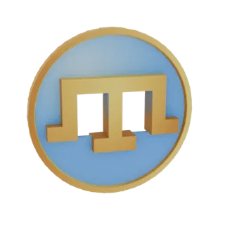 3D render of a golden 'M' symbol on a blue and gold coin, with a metallic sheen and a polished gold rim.