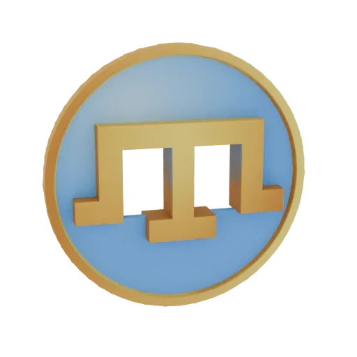 3D render of a golden 'M' symbol on a blue and gold coin, with a metallic sheen and a polished gold rim.