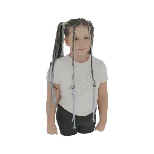 3D model of a young girl with long, dark braided hair with blue accents, wearing a white t-shirt and black shorts, smiling.