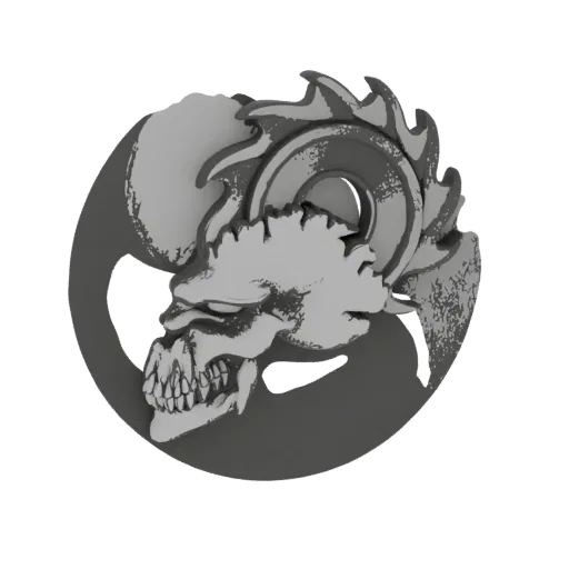 3D render of a demonic ram skull emblem with sharp horns and teeth, set against a white background.