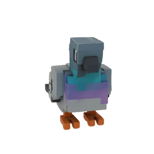A 3D render of a pixelated pigeon figurine with grey, teal, and purple body, and orange feet, set against a black background.