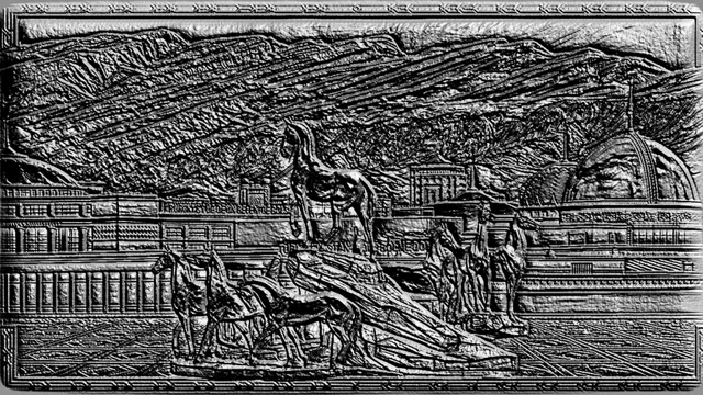 3D model of a bas-relief depicting mountains, buildings, and horse riders in a classical relief style.