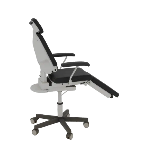 Surgical Exam Chair 3D model, three-quarter front view, AR viewer studio render, showing painted metal, form detail.