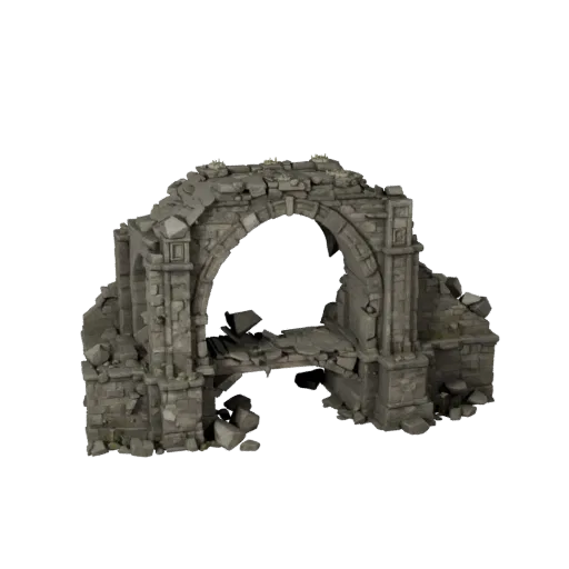 Broken Bridge Ruin Realistic 3D model, three-quarter environment render, showing aged stone, rock faces.