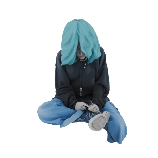 3D model of a person with bright blue hair sitting cross-legged with their head down, wearing a dark hoodie and blue pants.