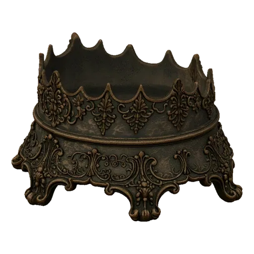 A 3D render of an ornate, crown-shaped decorative bowl with intricate carvings and a bronze-like finish, set against a black