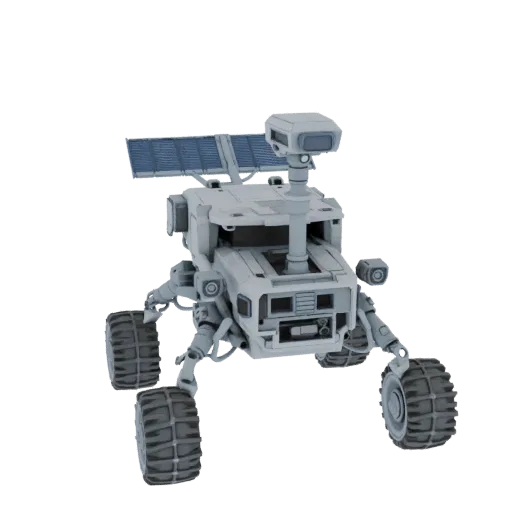 Ice World Planetary Rover Printable 3D model, isometric STL render, showing dusty wheels, vehicle stance.