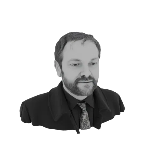 Render de modelo 3D de un busto de hombre barbudo con traje y corbata, mirando ligeramente a la derecha.