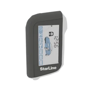Modello 3D di un telecomando StarLine A93 Eco con display digitale che mostra un'icona dell'auto e l'ora.