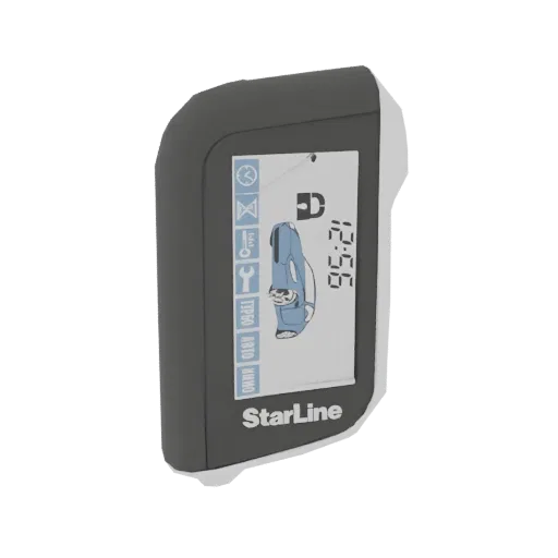 Modèle 3D d'une télécommande StarLine A93 Eco avec écran affichant une icône de voiture et l'heure.