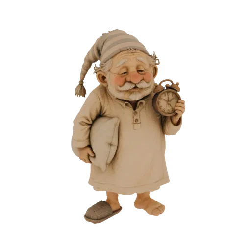 Modelo 3D de un gnomo dormilón con gorro de dormir y despertador, con una almohada bajo el brazo.