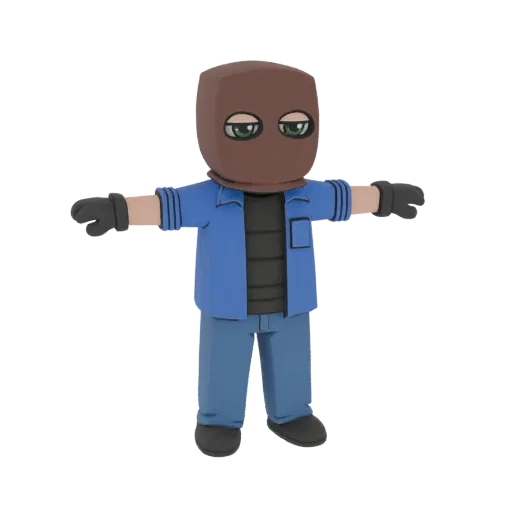 3D-Modell einer stilisierten maskierten Figur mit brauner Maske, blauem Jackett und Jeans, in T-Pose.