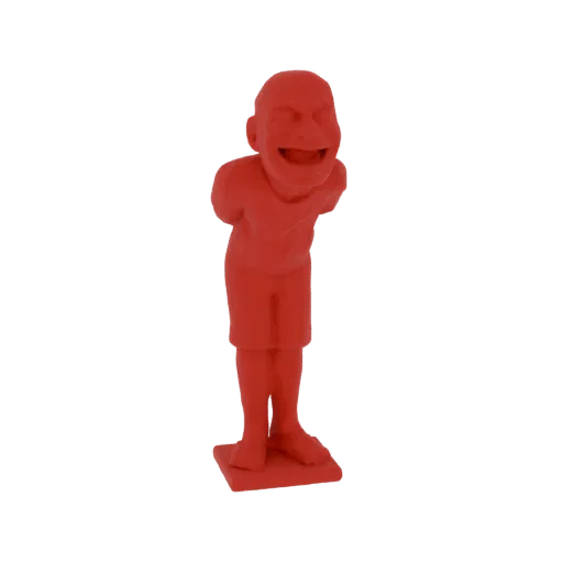 3D render of a red figurine of a young boy with his head tilted back, laughing heartily, standing on a square base.