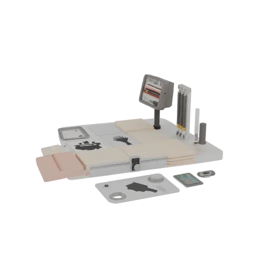 Modelo 3D de Prática de Injeção Cirúrgica, vista de perfil lateral, renderização de viewport técnico, mostrando detalhes e es