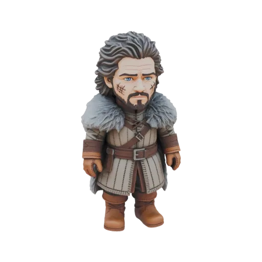 3D model of Jon Snow in a chibi style, wearing his iconic furs and leather attire, with curly hair and a determined expressio