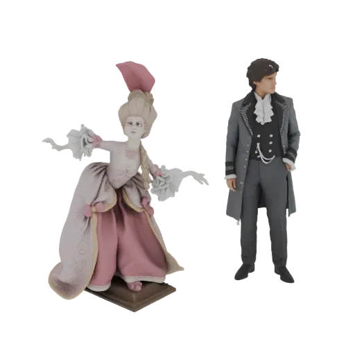 3D model of a Baroque lady in a pink gown and a gentleman in a grey coat, displayed side-by-side.