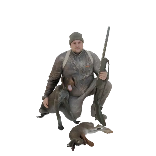 3D model of a hunter in camouflage kneeling with his German Shorthaired Pointer dog and a rabbit at his feet.