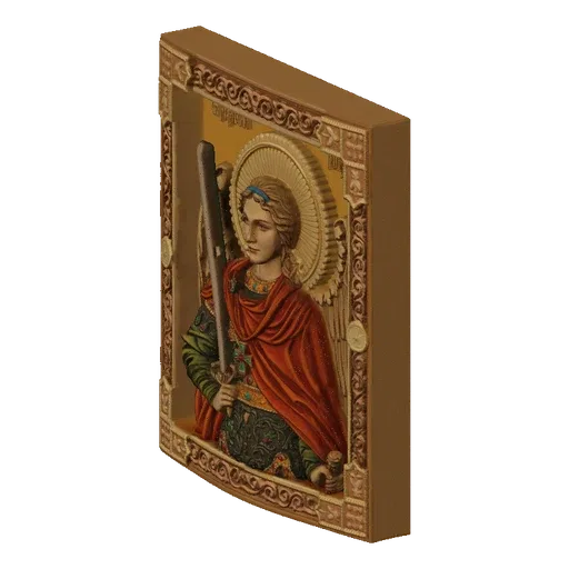 3D model of Archangel Michael holding a sword, with detailed armor and a halo, presented in a three-quarter view.