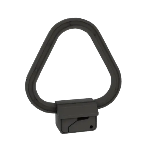 3D model of a black plastic D-shaped carabiner with latch, front view