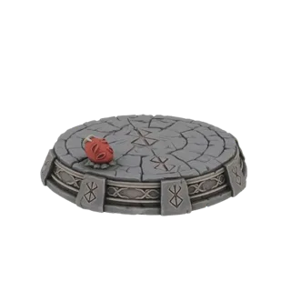 3D model of a cracked stone altar with ancient runes and a red sacrificial heart on top, set against a white background.