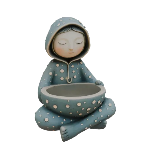 3D model of a cute girl meditating in a cross-legged pose, wearing a polka-dot hooded outfit, with a planter bowl in her lap.