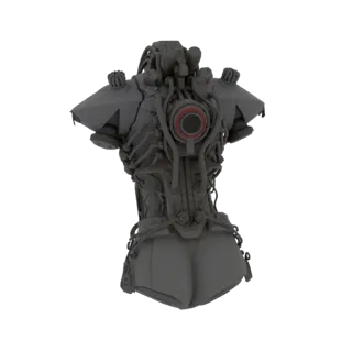 3D model of a grey cybernetic torso with intricate mechanical details and a red circular accent on the back, against a white