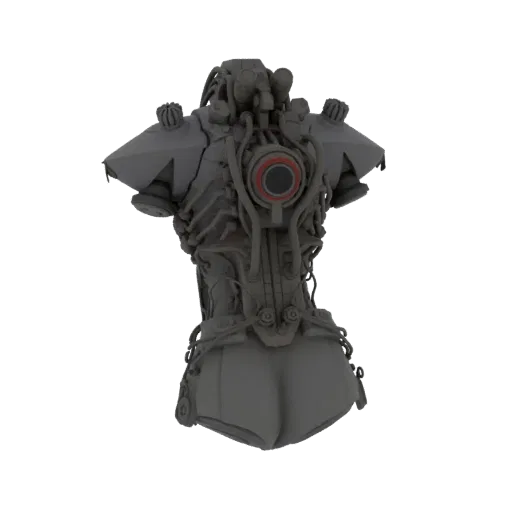 3D model of a grey cybernetic torso with intricate mechanical details and a red circular accent on the back, against a white