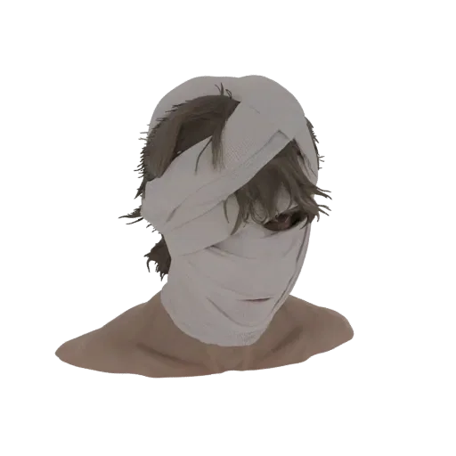3D model of a person's head and shoulders wrapped in white bandages, with visible brown hair and eyes.