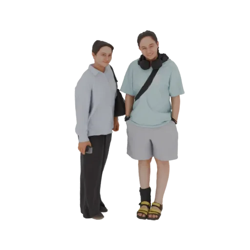 3D model of two young friends standing together, one in a blue shirt and pants, the other in a t-shirt, shorts, and headphone
