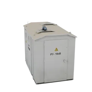 3D model of a light grey outdoor electrical cabinet with 'RU-10kV' label and a yellow warning triangle.