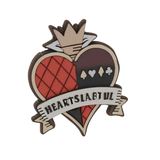 3D model of a Queen of Hearts playing card charm with a crown, heart symbol, and banner.
