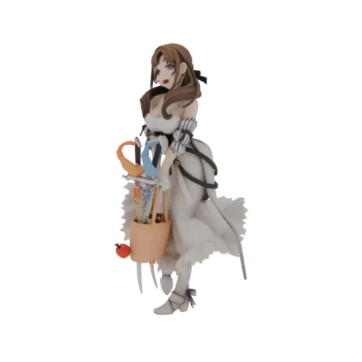 3D model of an elegant woman in a white dress holding a woven basket and a folded umbrella, viewed from the side.