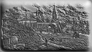 Modèle 3D de bas-relief "Paysage de village avec église", représentant une ancienne église, des maisons et des arbres en reli