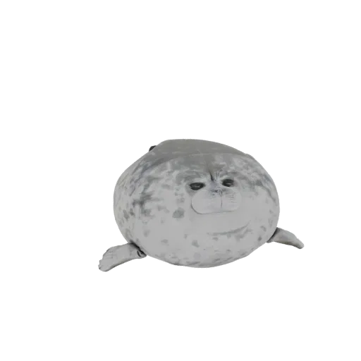 A 3D model of a cute, chubby grey seal plush toy with dark eyes and flippers, presented on a white background.